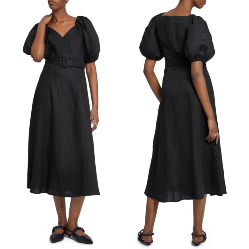 & Other Stories Puff Sleeve Belted Linen Midi Dress Black 10 Nwt Minimalist